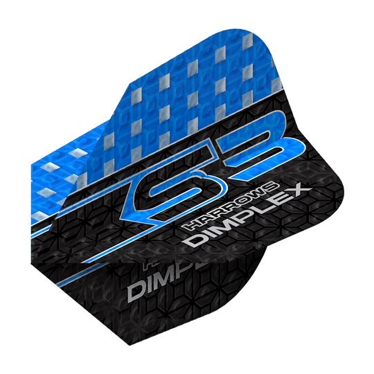 Das Bild zeigt ein Harrows Dimplex S3 Flight in Blau. Das Flight hat ein blau-schwarzes Design mit silbernen Akzenten und der Aufschrift "S3 Harrows Dimplex".