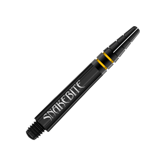 C722_Red_Dragon_Nitrotech_Peter_Wright_Black_Gold_Shafts_36mm_2 Das Bild zeigt einen schwarzen Dart-Schaft mit der Aufschrift „SNAKEBITE“. Der Schaft hat zwei goldene Ringe als Akzent.