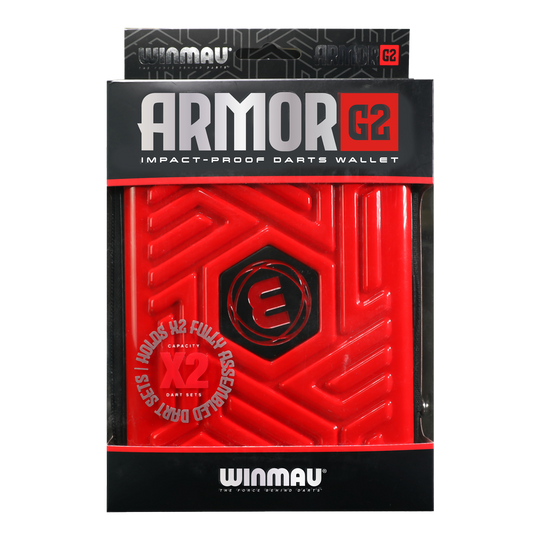 Das Bild zeigt eine rote, stoßfeste Darttasche der Marke Winmau namens "Armor G2". Die Verpackung informiert, dass sie zwei vollständig montierte Dart-Sets aufnehmen kann.