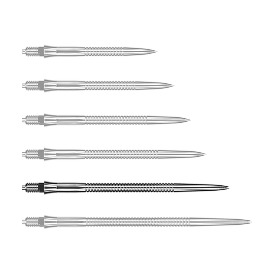 Puntas de dardo Caliburn EZ-EVO - Ranuradas - Plateadas Hier ist eine silberne Dartspitze mit Rillen abgebildet. Die Spitze ist wahrscheinlich 45mm lang.