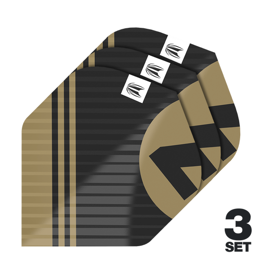 Plumas estándar Target Pro Ultra Chicane Black No2 - 3 juegos Das Bild zeigt drei Sätze von Target Pro Ultra Chicane Black No2 Standard Flights. Die Flights sind schwarz-gold gestreift und besitzen ein modernes Design mit einem weißen Logo.