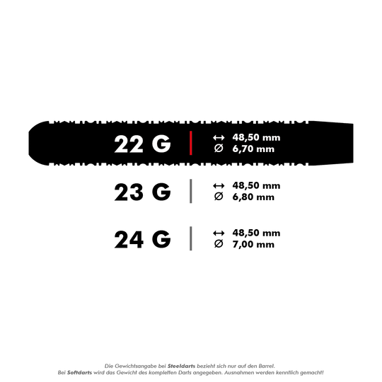 190209_Target_Rob_Cross_Black_Edition_2023_Swiss_Point_Steeldarts_5_22g Das Bild zeigt die technischen Daten eines Steeldarts mit einem Gewicht von 22 Gramm. Die Länge beträgt 48,50 mm und der Durchmesser 6,70 mm.