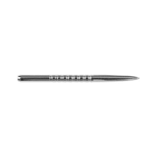 57782_Bulls_GP3_Steeldartspitzen_Silber_38mm_2 Das Bild zeigt eine silberne Steeldartspitze des Modells "Bulls GP3". Die Spitze ist schmal und hat mehrere feine Rillen zur besseren Griffigkeit.