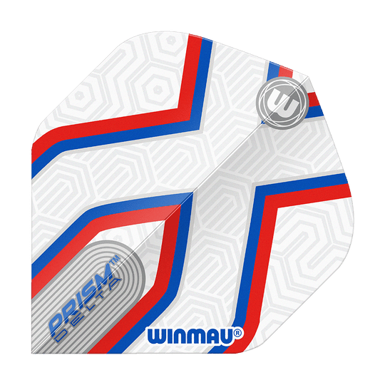 Vuelos estándar Winmau Prism Delta Epix No2 Das Bild zeigt ein Winmau Prism Delta Epix No2 Standard Flights Dartflugblatt. Es ist weiß mit roten und blauen Linien und dezentem geometrischem Muster gestaltet.