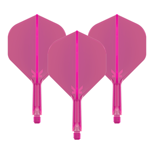 Sistema de vuelo estándar Target K-Flex No2 - Rosa neón Das Bild zeigt drei pinkfarbene Dart-Flights mit Schäften. Sie sind nebeneinander angeordnet und haben eine neonpinke Farbe.