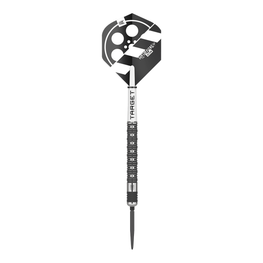 Dardos de acero Target Chris Dobey Hollywood Action Swiss Point Das Bild zeigt einen Steeldartpfeil mit dem Namen "Target Chris Dobey Hollywood Action Swiss Point". Der Dart hat ein schwarz-weißes Design mit einem Filmklappen-Motiv auf dem Flight.