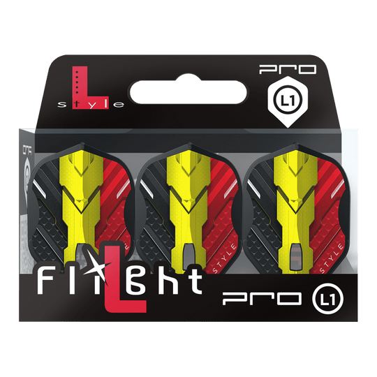 Vuelos L-Style V-Series V1 Tipo C Bélgica Negro L1PRO Das Bild zeigt eine Packung mit drei Dart-Flights der Marke L-Style, Modell V-Series V1 Type C Belgium Black L1PRO. Die Flights haben ein Design in den Farben Schwarz, Rot und Gelb, inspiriert von der belgischen Flagge.
