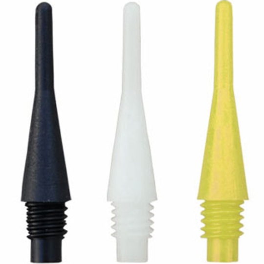 845_851 Das Bild zeigt drei verschiedenfarbige Dartspitzen: schwarz, weiß und gelb. Sie sind Ersatzspitzen für Softdarts und werden als "Shorties (1000er Pack) - Spitzen" verkauft.
