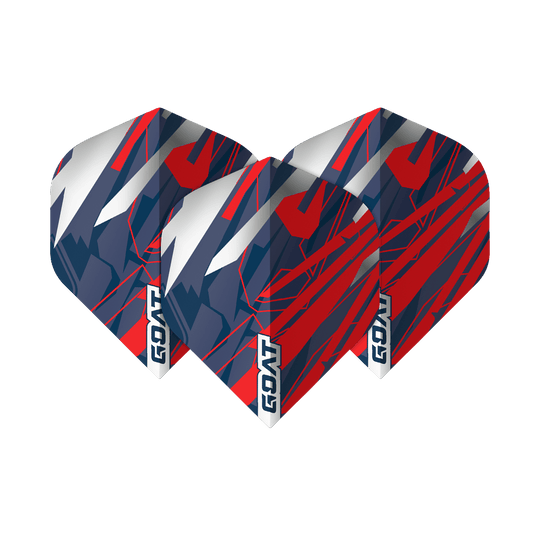 Vuelos estándar GOAT Homerun No. 2 Das Bild zeigt drei Dart-Flights des Produkts "GOAT Homerun No2 Standard Flights". Die Flights sind in den Farben Rot, Blau und Weiß gestaltet und mit dem Schriftzug "GOAT" versehen.