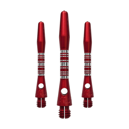 Ejes de aluminio Bulls NL Supra - Rojo - 34 mm Dieses Bild zeigt die Bulls NL Supra Aluminium Shafts in Rot, 34 mm lang, als Set. Die Schäfte sind robust und ideal für Dartspieler.