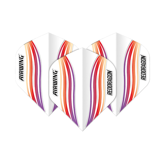 Vuelos estándar Red Dragon Airwing Red Wave Das Bild zeigt drei Dart-Flights mit dem Namen "Red Dragon Airwing Red Wave Standard Flights". Sie sind weiß mit roten, orangen und violetten Wellenlinien und der Aufschrift "AIRWING" und "REDDRAGON".