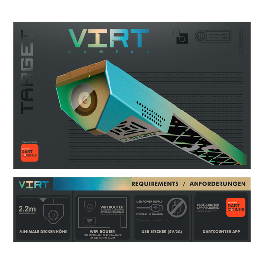 Cámara Target VIRT Das Bild zeigt die Produktverpackung der "Target VIRT Kamera", die in einer modernen, grafischen Gestaltung präsentiert wird. Unten sind die Anforderungen aufgeführt, wie eine Mindestdeckenhöhe von 2,2 m, WLAN-Router, USB-Stecker und die DartCounter App.