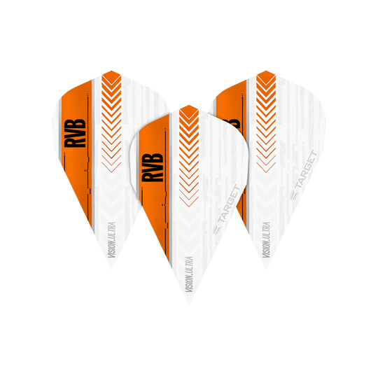 TG59_332040_Target_Vision_Ultra_RvB_Orange_Vapor_Flights_1l8L5tT6tbNJVz Das Bild zeigt drei Target Vision Ultra RvB Orange Vapor Flights. Die Flights sind überwiegend weiß mit einem orangefarbenen Streifen und der Aufschrift "RVB".