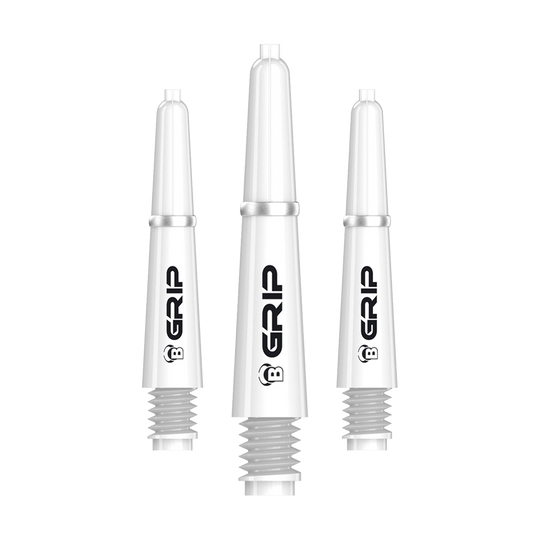 Auf dem Bild sind drei weiße Dartschäfte des Modells "Bulls B-Grip-2 SL" zu sehen. Sie sind schlank geformt und tragen den schwarzen Schriftzug "GRIP" auf der Seite.
