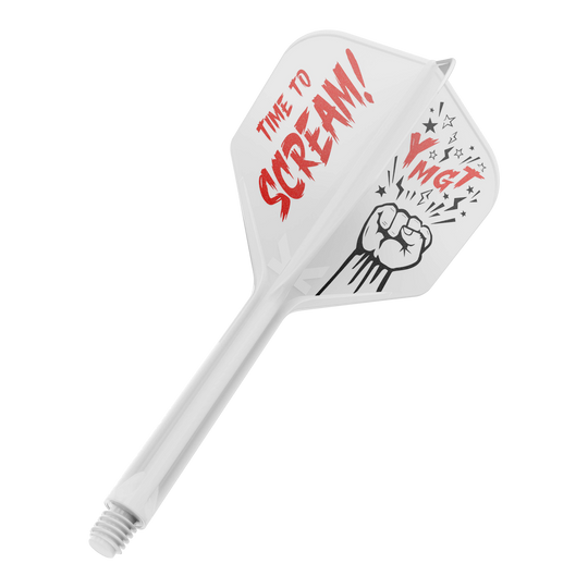 Sistema de eje de vuelo Target Japan K-Flex Scream No6 Auf dem Bild ist ein weißes Dartflight mit einem dazugehörigen Schaft zu sehen. Auf dem Flight steht in roten Buchstaben "TIME TO SCREAM!" und daneben ist eine Faust mit Sternen abgebildet.