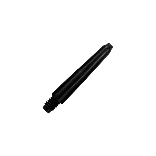 565_Nylon_Shafts_mit_Wunschdruck_Schwarz_28mm_2 Das Bild zeigt einen schwarzen Nylon-Schaft. Er ist speziell geformt und hat ein Gewinde am unteren Ende.
