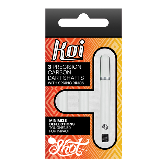 Flechas de carbono Shot Koi - Blancas Die Verpackung zeigt drei präzise Carbon-Dartschäfte mit Sprengringen der Marke Koi. Sie sind darauf ausgelegt, Ablenkungen zu minimieren und für eine hohe Schlagfestigkeit verstärkt.