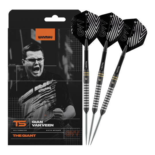 Dardos de acero Winmau Gian Van Veen TS Switch Point Abgebildet ist Winmau Gian Van Veen TS Switch Point Steeldarts. Die Darts sind vollständig nebeneinander dargestellt.
