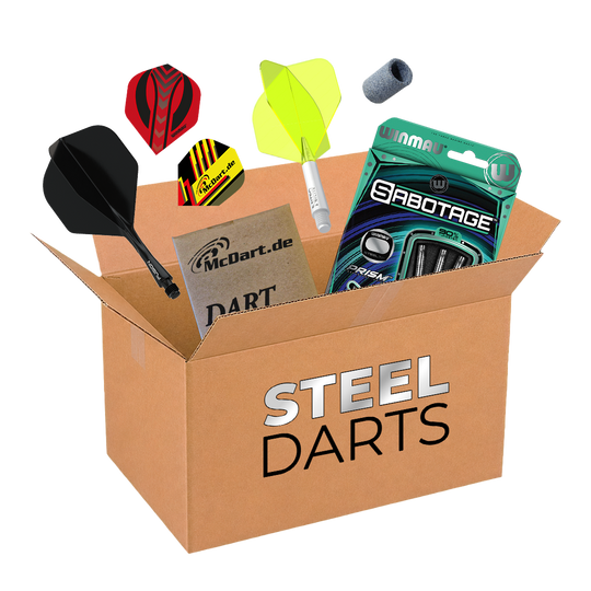 Auf dem Bild befindet sich die McDart Mystery-Box - Steeldarts. Die Box beinhaltet verschiedene Steeldarts und Zubehör.