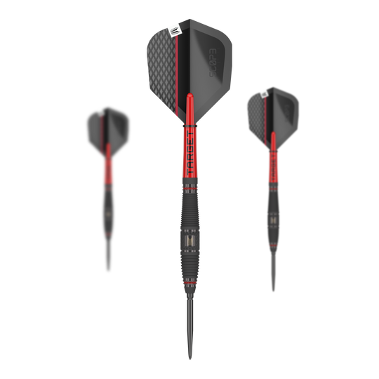 Dardos de acero Target Scope 03 Swiss Point Das Bild zeigt drei Steeldarts des Produkts "Target Scope 03 Swiss Point". Die Darts sind schwarz und rot gestaltet und haben ein modernes, sportliches Design.