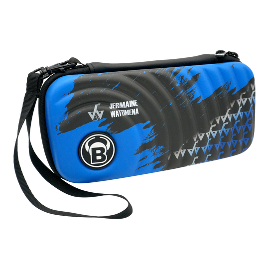 Estuche para dardos Bulls Orbis S Jermaine Wattimena Auf dem Bild ist das Bulls Orbis S Jermaine Wattimena Dartcase zu sehen. Die Darttasche ist blau-schwarz gestaltet und trägt den Namen Jermaine Wattimena.