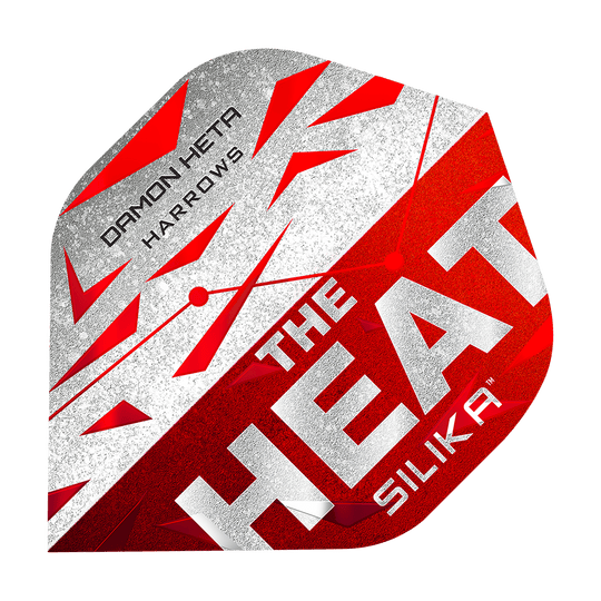 Plumas Silika Damon Heta Serie 3 de Harrow Das Bild zeigt ein Dart-Flugblatt mit dem Namen "Harrows Silika Damon Heta Series 3 Flights". Es ist in den Farben Rot, Weiß und Silber gestaltet und trägt die Aufschrift "THE HEAT SILIKA" sowie "DAMON HETA HARROWS".