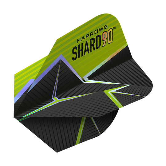 Harrows Prime Shard No6 Vuelos Das Bild zeigt das Produkt "Harrows Prime Shard No6 Flights". Die Flights haben ein modernes Design in Schwarz mit grünen und gelben Akzenten sowie geometrischen Mustern.