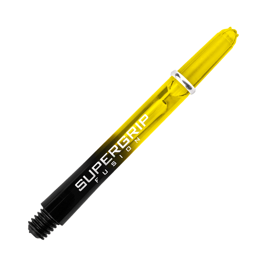 HR350_Harrows_Supergrip_Fusion_Shafts_Gelb_47mm_26mUPM8R3xZCk2 Das Bild zeigt einen Harrows Supergrip Fusion Shafts in Gelb. Der Schaft hat einen schwarzen und gelben Farbverlauf mit weißer Aufschrift.
