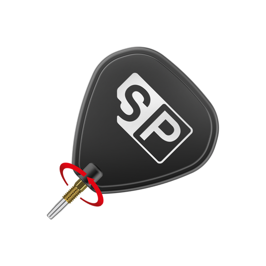 Puntas para dardos Target Swiss Point Nano - Oro Das Bild zeigt eine schwarze Dart-Flight mit der weißen Aufschrift "SP". Unten ist eine goldfarbene Dartspitze mit silberner Spitze zu sehen.