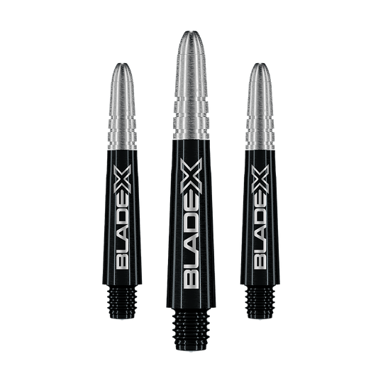 Varilla Winmau Vecta Blade X - Negra Gezeigt wird ein Set schwarzer Dartshafts mit der Bezeichnung Winmau Vecta Blade X, 34 mm. Das Set ist für Dartspieler geeignet.