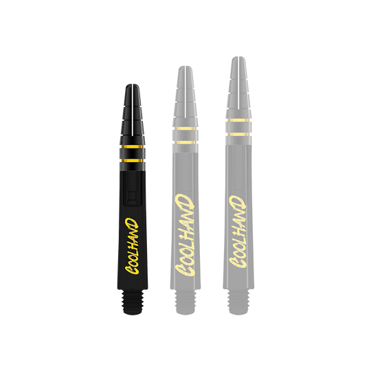 Flechas Red Dragon Nitrotech Luke Humphries Coolhand - Negras Das Bild zeigt drei schwarze Dartschäfte mit gelber Schrift, auf denen "COOLHAND" steht. Die Schäfte haben gelbe Ringe und sind 36 mm lang.