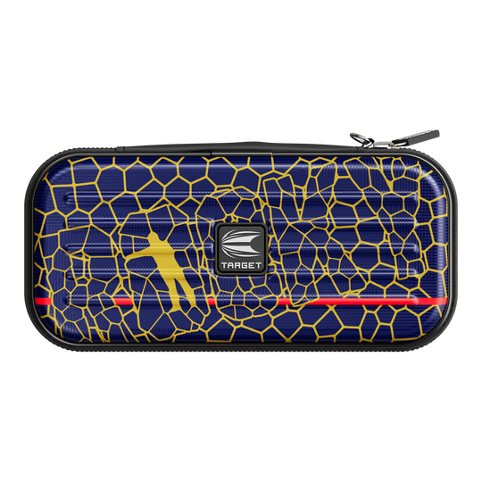 Estuche para dardos Target Takoma Josh Rock Das Bild zeigt ein Dartcase namens "Target Takoma Josh Rock Dartcase". Das Etui hat ein blaues Muster mit gelben Linien und einem gelben Dartspieler sowie dem Target-Logo in der Mitte.