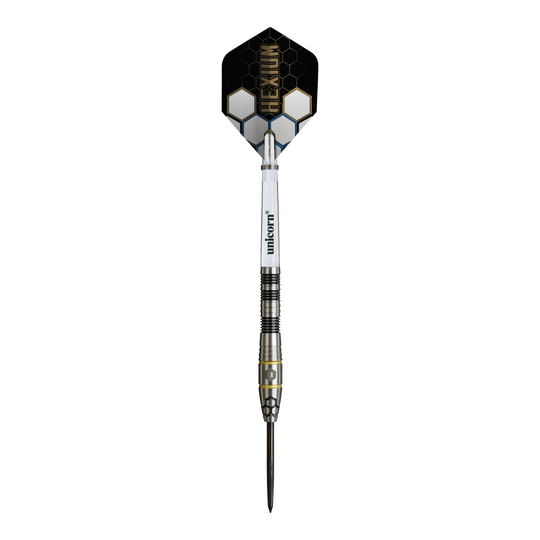 Dardos de acero Unicorn Hexium Style 01 negros y dorados Dieses Bild zeigt die Unicorn Hexium Style 01 Black & Gold Steeldarts. Die Steeldarts sind in den Farben Schwarz und Gold gestaltet.