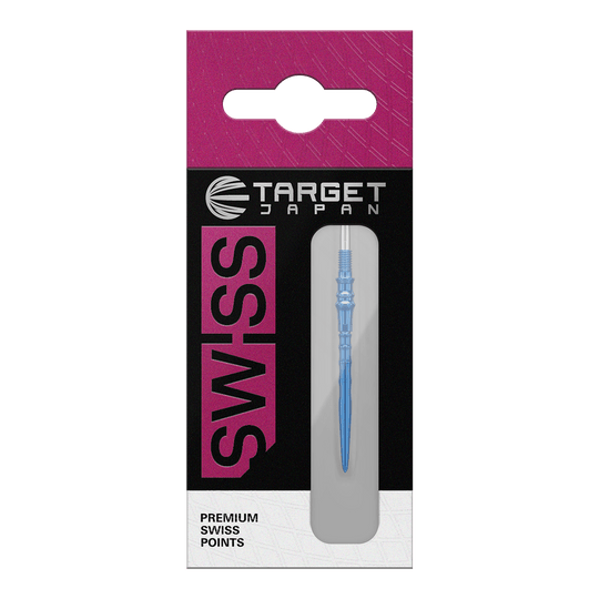 Zu sehen sind Target Japan Premium Swiss Point Dartspitzen in der Farbe Blau. Sie werden als Ersatzspitzen für Dartpfeile verwendet.