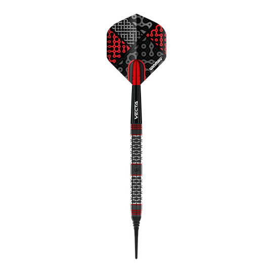 Dardos blandos Winmau Cypher - 20 g Das Bild zeigt einen Winmau Cypher Softdart mit einem Gewicht von 20 Gramm. Der Dart hat ein modernes Design in Schwarz, Rot und Silber.