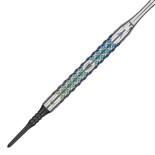 Dardos blandos Target Rove 10 Das Bild zeigt einen Target Rove 10 Softdart mit einem metallischen, bunt schimmernden Griff. Das Design weist eine strukturierte Oberfläche mit feinen Mustern auf.
