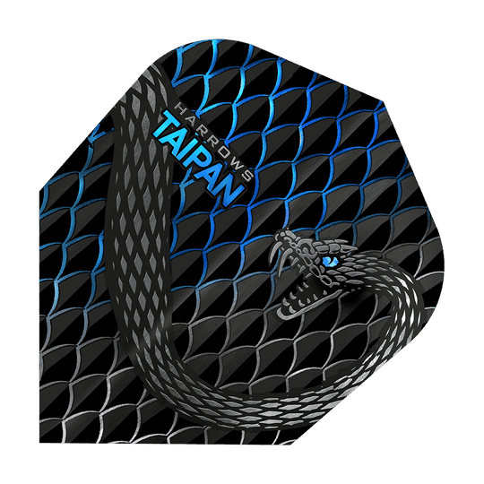HR26_Harrows_Taipan_Aqua_Standard_Flights_1 Das Bild zeigt das Produkt "Harrows Taipan Standard Flights". Auf dem Flight ist eine schwarze Schlange mit blauen Akzenten und einem schuppigen Muster abgebildet.