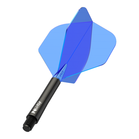 Das Bild zeigt einen blauen Dart-Flügel mit einem schwarzen Schaft. Auf dem Schaft steht der Schriftzug „Nitro Flite“.