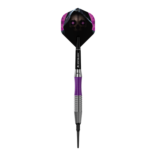 Dardos blandos Mission Phantom de latón - 18 g Der Mission Phantom Brass Softdart - 18g hat ein markantes Design mit lila und silbernem Griff. Das Dartflight zeigt ein gruseliges Totenkopf-Motiv mit violetten Augen und Kapuze.