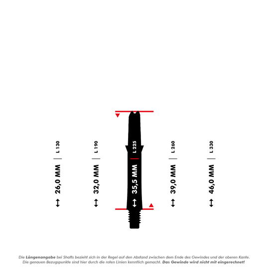 Ejes de carbono estilo L Das Bild zeigt verschiedene Längen von Carbon Shafts für Darts, wobei die Länge von 35,5 mm hervorgehoben ist. Die Messung erfolgt jeweils zwischen dem Ende des Gewindes und der oberen Kante.