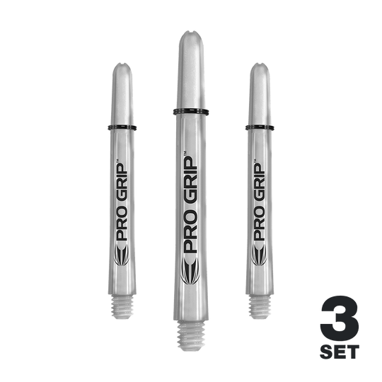 Varillas Target Pro Grip - 3 juegos - Transparentes Das Bild zeigt drei transparente "Pro Grip" Shafts für Dartpfeile. In der rechten unteren Ecke steht "3 Set".