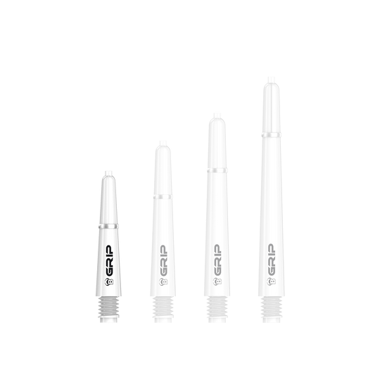 BS55089_Bulls_B-Grip-2_SL_Shafts_Weiss_28mm_1qvs1RFi2OKQNN Das Bild zeigt vier weiße Bulls B-Grip-2 SL Shafts in unterschiedlichen Längen. Sie sind nebeneinander angeordnet und haben ein schwarzes "GRIP"-Logo aufgedruckt.