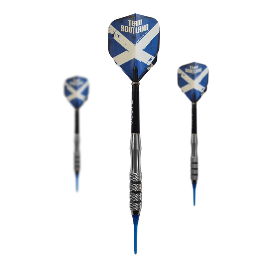 Dardos blandos de latón con la Cruz Escocesa de McDart - 18 g Das Bild zeigt McDart Scottish Cross Brass Softdarts mit einem Gewicht von 18g. Die Darts sind für Softdartspieler geeignet.