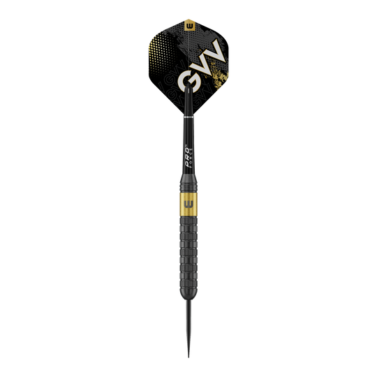 Dardos de acero Winmau Gian Van Veen Core Brass - 21 g Das Bild zeigt Winmau Gian Van Veen Core Brass Steeldarts mit einem Gewicht von 21 Gramm. Die Steeldarts sind aus einer seitlichen Perspektive zu sehen.
