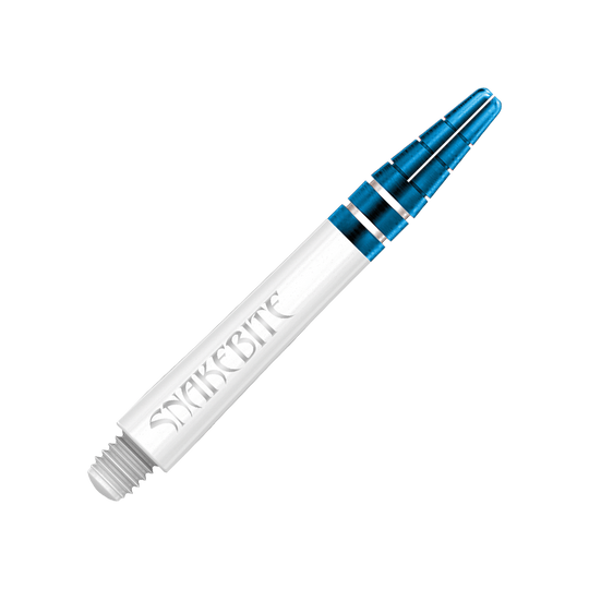 C802_Red_Dragon_Nitrotech_Peter_Wright_White_Blue_Shafts_39mm_2 Das Bild zeigt einen Red Dragon Nitrotech Peter Wright Blue Shaft mit einer Länge von 39 mm. Der Schaft ist weiß mit blauen Metallringen und trägt die Aufschrift "SNAKEBITE".