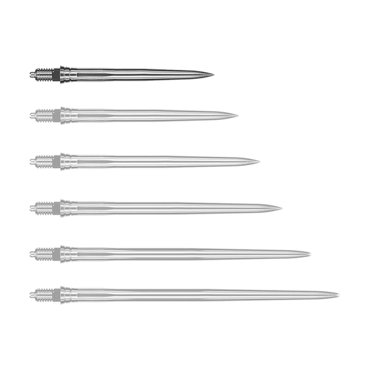 Puntas de dardo Caliburn EZ-EVO - Lisas - Plateadas Abgebildet wird eine weitere glatte silberne Dartspitze, vermutlich in einer anderen Perspektive. Die Spitze scheint aus Metall zu bestehen.