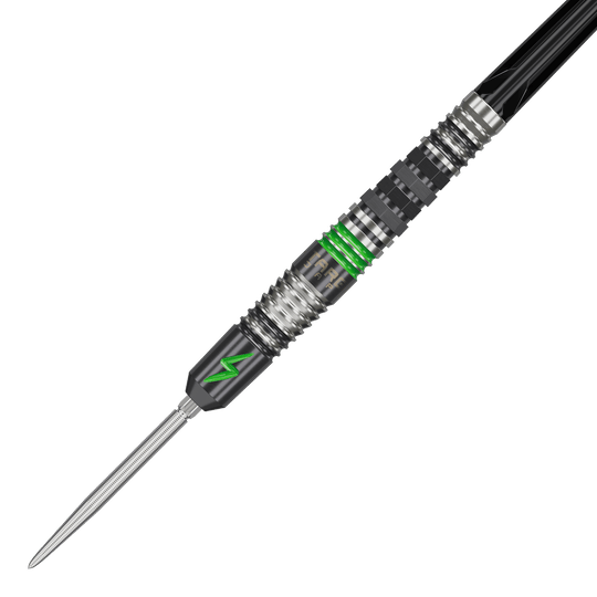 Dardos de acero Target Japan Black Marque Lightning 3 SP Das Bild zeigt einen Target Japan Black Marque Lightning 3 SP Steeldart. Der Dartpfeil hat ein modernes Design mit schwarzen und silbernen Elementen sowie auffälligen grünen Akzenten.
