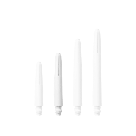 Das Bild zeigt vier Nylon Shafts in Schneeweiß, die in unterschiedlichen Längen angeordnet sind. Sie sind jeweils mit einem Schraubgewinde am unteren Ende versehen.