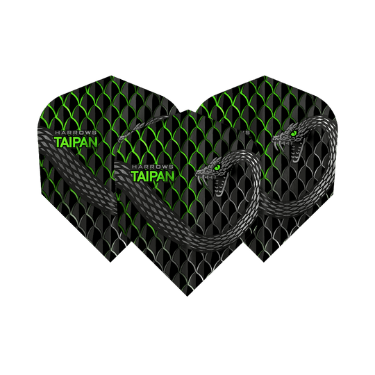 HR28_Harrows_Taipan_Gr-n_Standard_Flights_1uqtlsG5U8TtXh Das Bild zeigt drei Harrows Taipan Standard Flights mit einem schwarzen und grünen Schuppendesign. Auf den Flights ist eine stilisierte Schlange sowie der Schriftzug "Harrows Taipan" zu sehen.