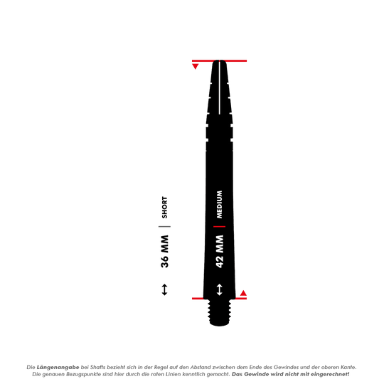 C634_Red_Dragon_Nitrotech_Gerwyn_Price_Shafts_5_42mmTck0FfRpF7xUV Das Bild zeigt zwei schwarze Dart-Schäfte der Marke Red Dragon Nitrotech Gerwyn Price. Die Schäfte sind in den Längen 36 mm (Short) und 42 mm (Medium) abgebildet.